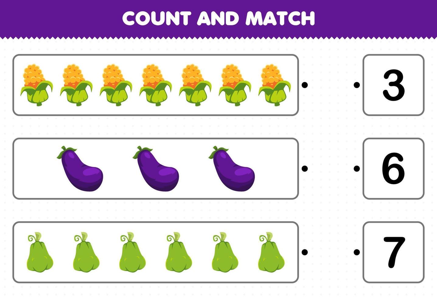 Education game for children count and match count the number of cartoon vegetables corn eggplant chayote and match with the right numbers printable worksheet vector