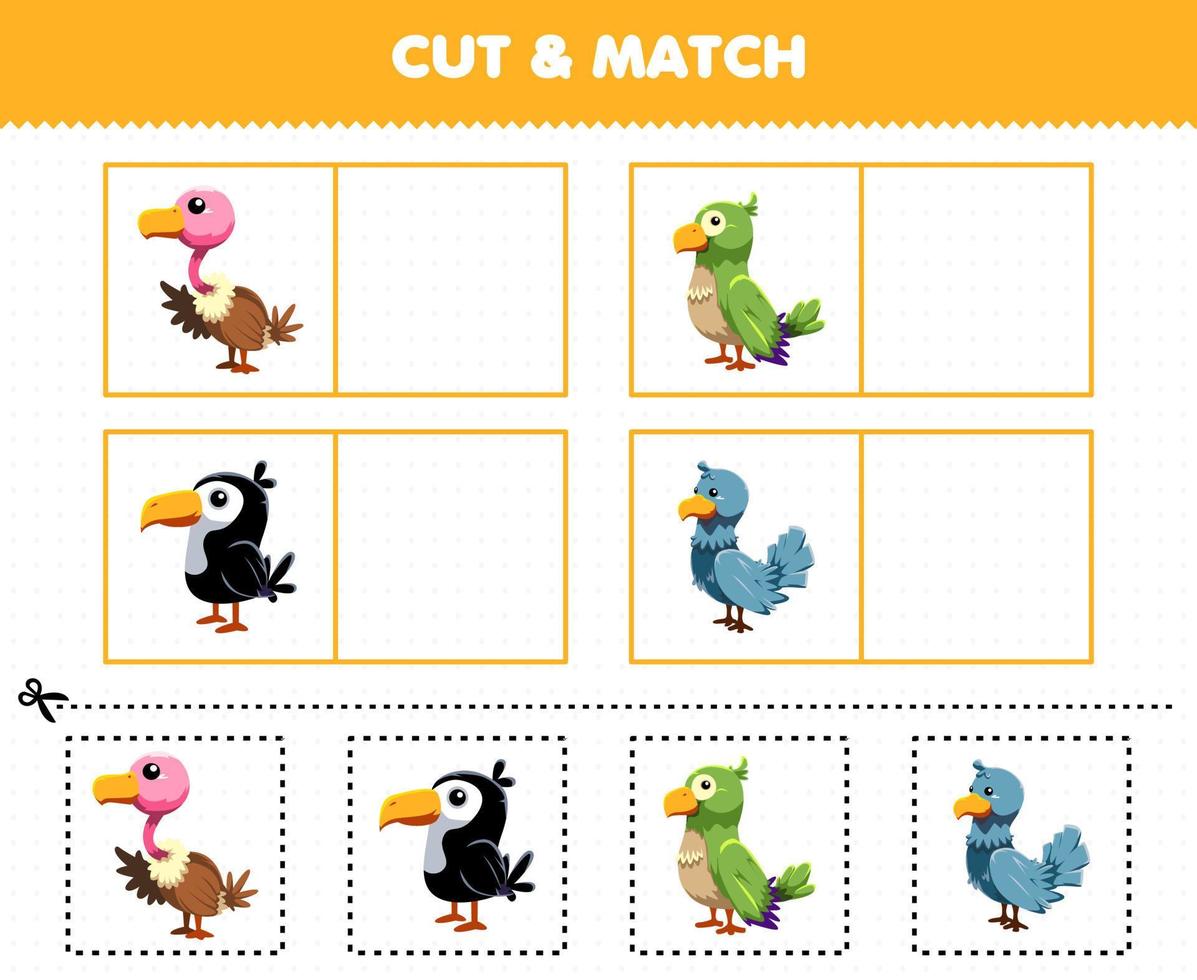 Education game for children cut and match the same picture of cute cartoon bird animal vulture parakeet toucan dove printable worksheet vector