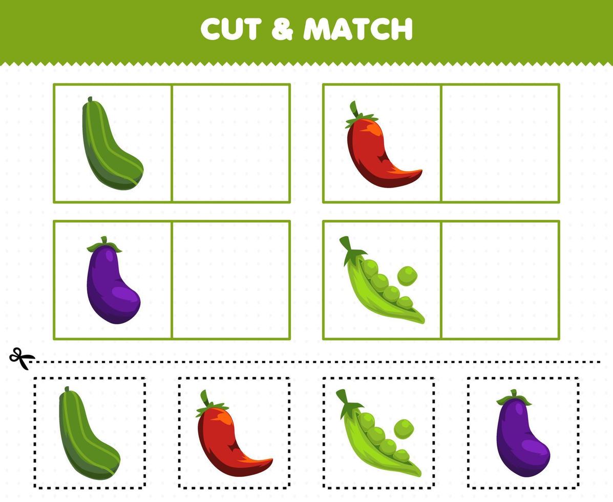 Education game for children cut and match the same picture of cartoon vegetables cucumber chilli eggplant peas printable worksheet vector
