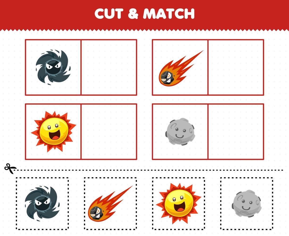 Education game for children cut and match the same picture of cute cartoon solar system black hole comet sun moon vector