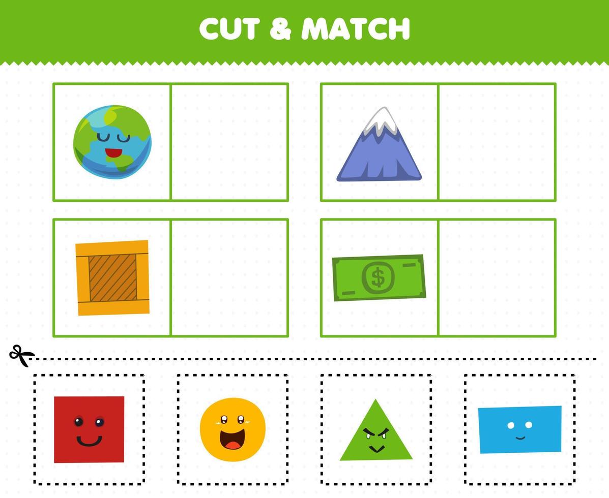 Education game for children cut and match the same picture of cute cartoon shape circle planet triangle mountain square box rectangle paper money vector