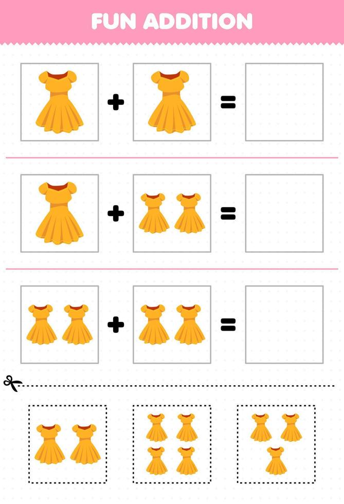 Education game for children fun addition by cut and match cute cartoon wearable clothes dress pictures worksheet vector