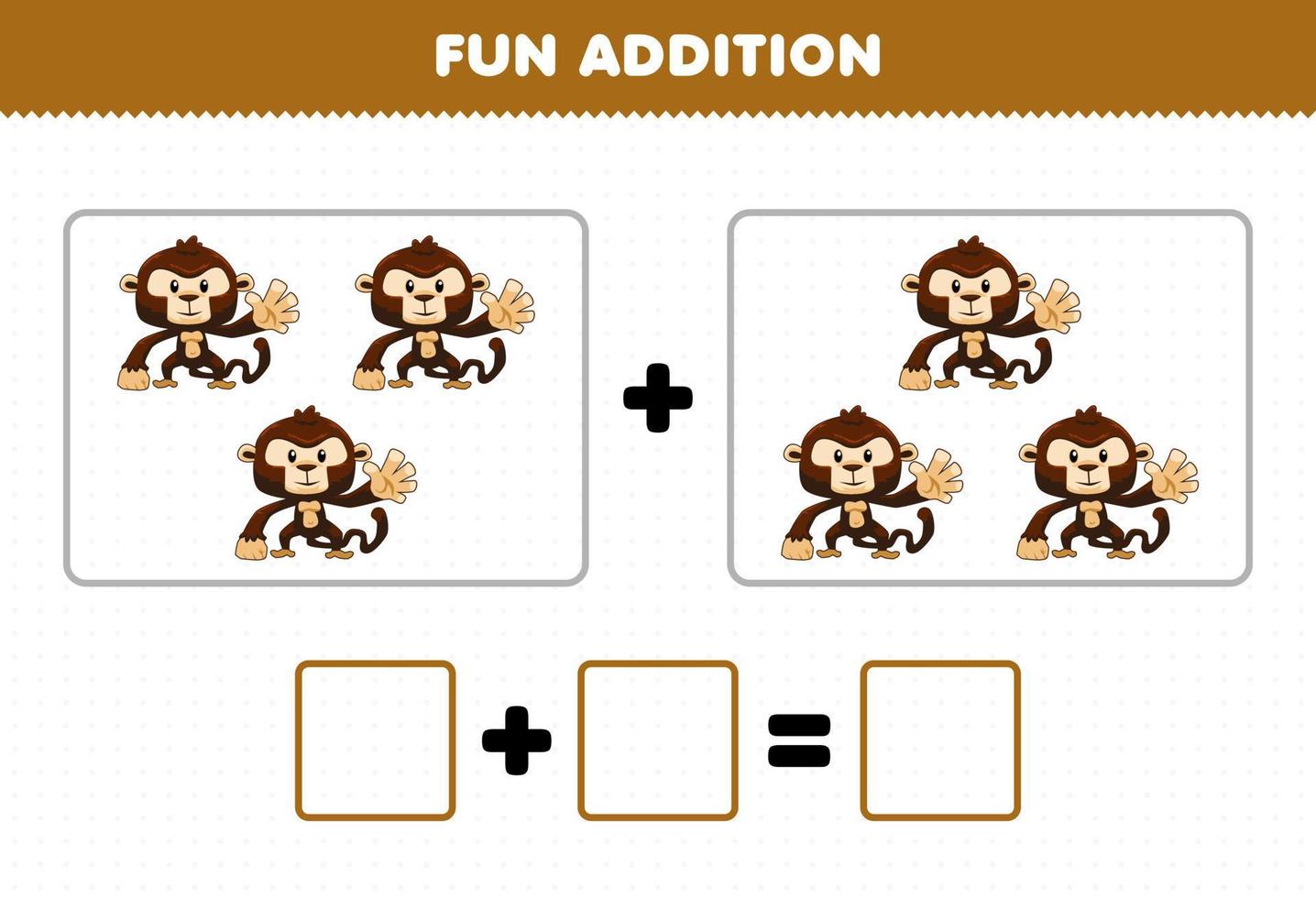Education game for children fun addition by counting cute cartoon animal monkey pictures worksheet vector