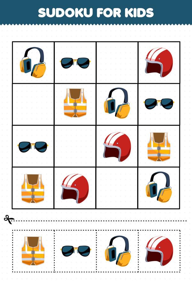 Education game for children sudoku for kids with cartoon wearable clothes emergency vest headphone sunglasses helm picture vector