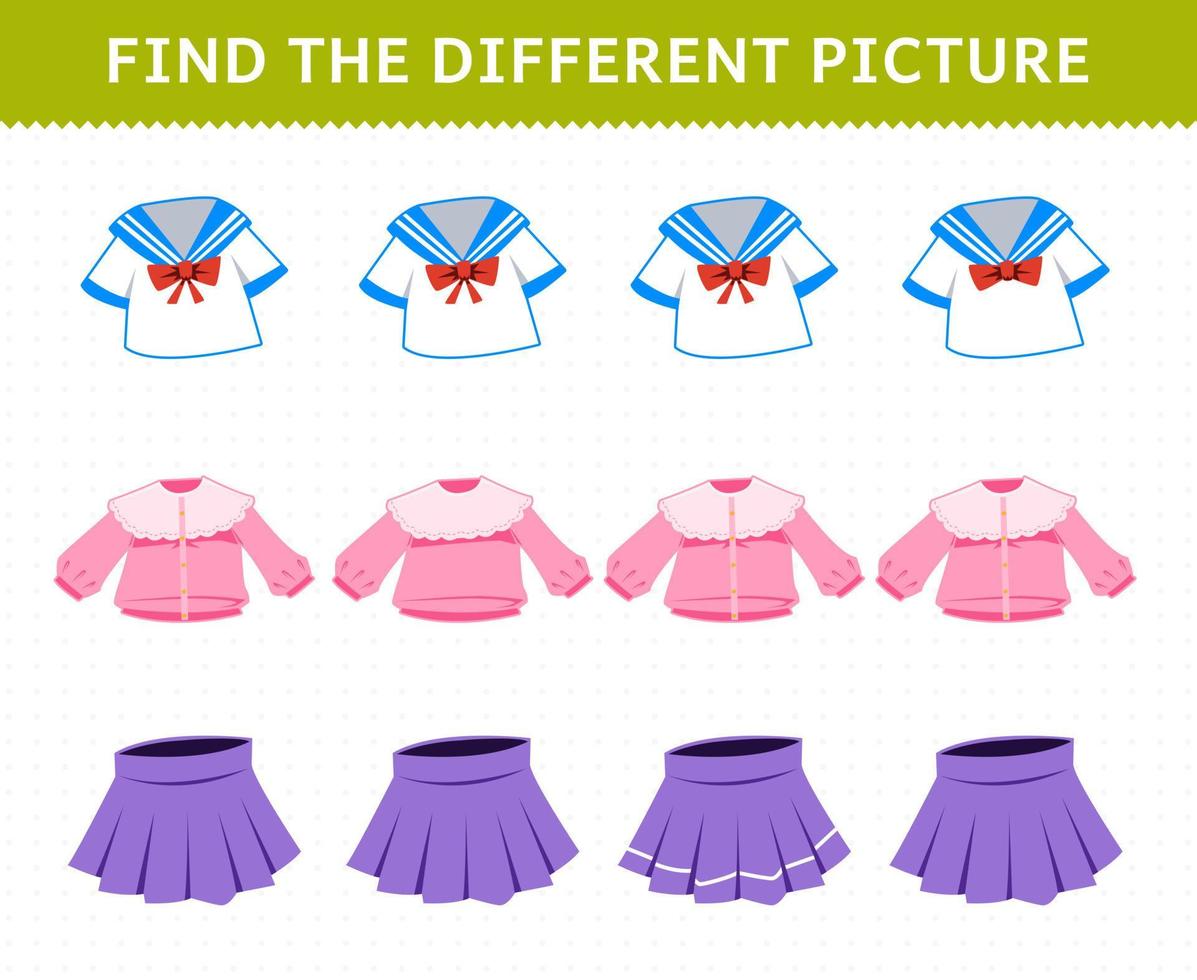 Education game for children find the different picture in each row cartoon wearable clothes uniform blouse skirt vector