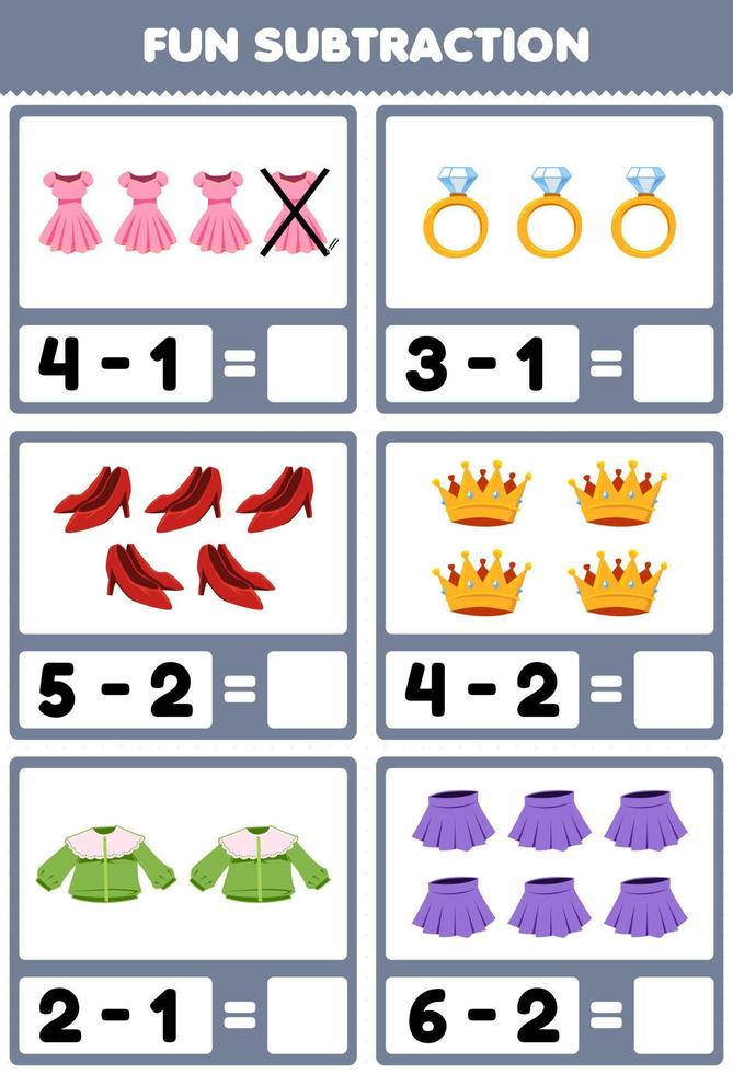 Education game for children fun subtraction by counting and eliminating cartoon wearable clothes dress ring heel crown blouse skirt printable worksheet vector