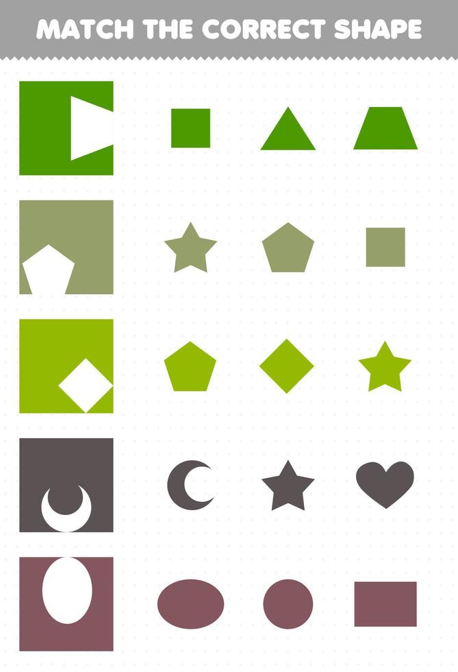 Education game for children match the correct shape geometric printable worksheet vector