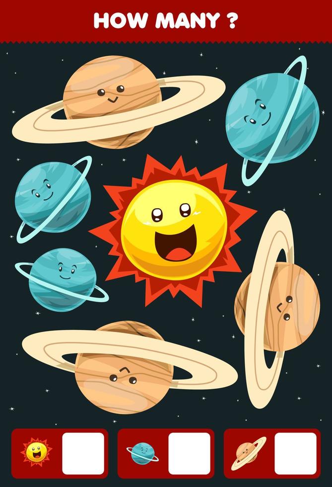 Education game for children searching and counting how many objects cute cartoon solar system planet uranus saturn sun vector