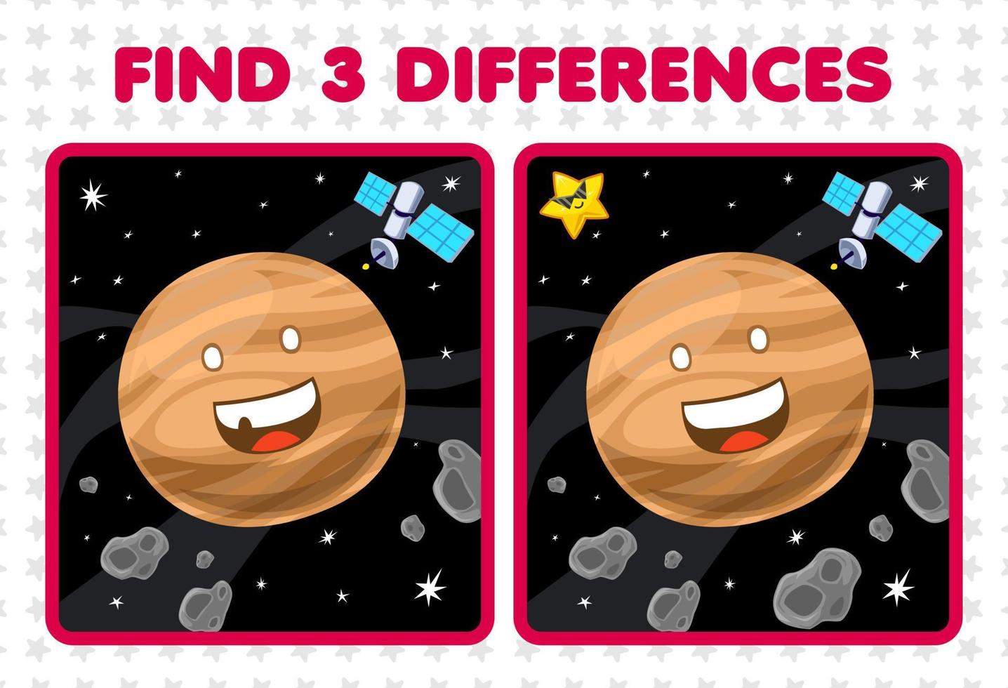 Education game for children find three differences between two cute cartoon solar system planet asteroid star satellite vector