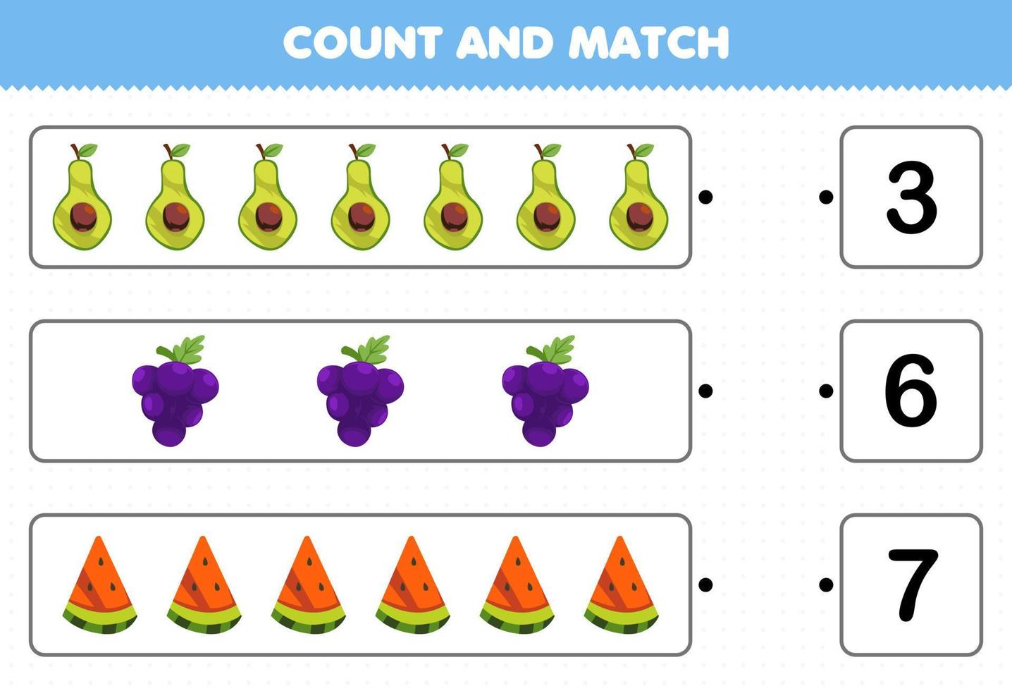 Education game for children count and match count the number of cartoon fruits avocado grape watermelon and match with the right numbers printable worksheet vector