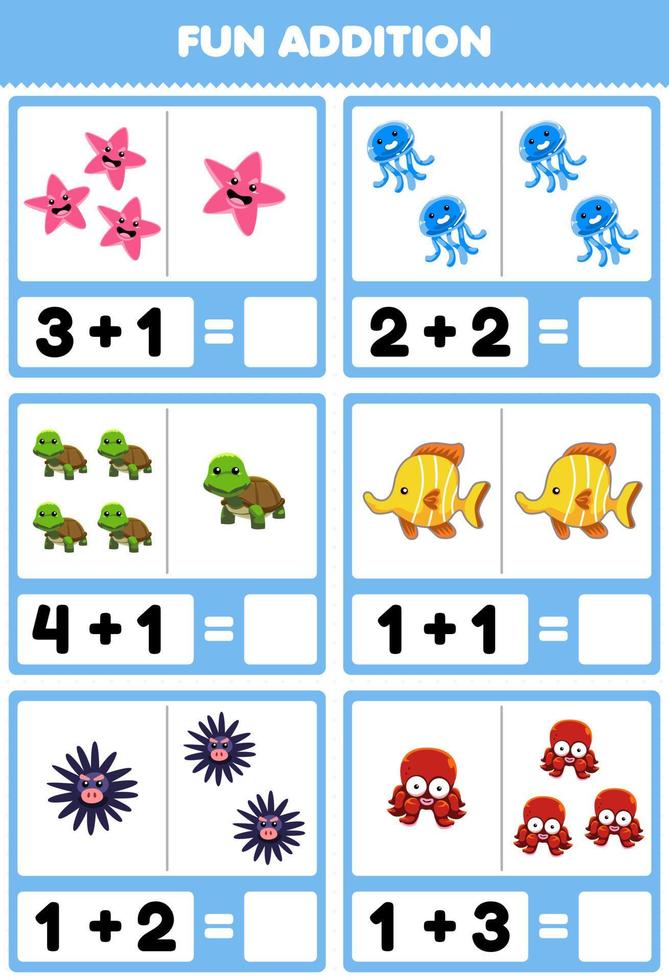 Education game for children fun addition by counting and sum cute cartoon underwater animal starfish jellyfish turtle fish urchin octopus pictures worksheet vector