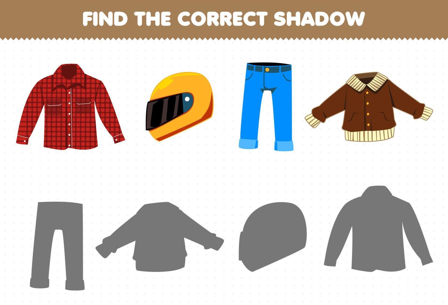 Education game for children find the correct shadow set of cartoon wearable clothes flannel helm jean jacket vector