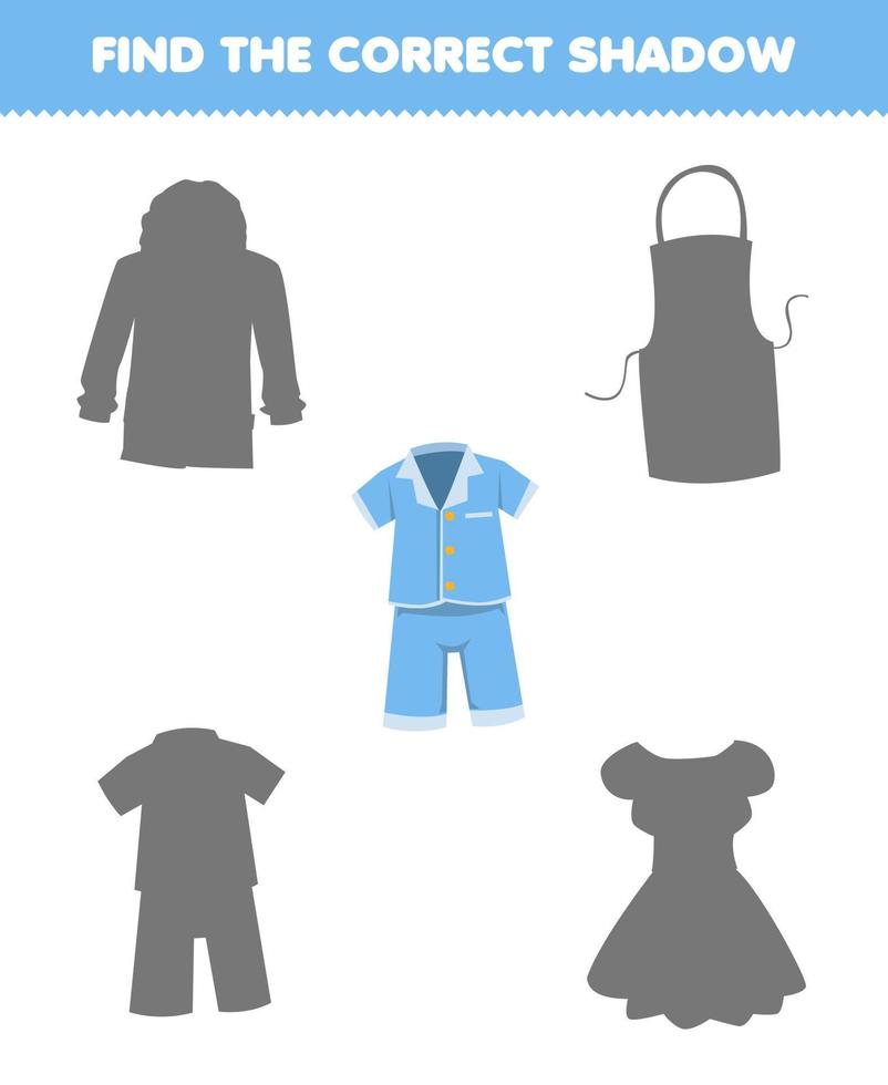 Education game for children find the correct shadow set of cartoon wearable clothes pajama vector
