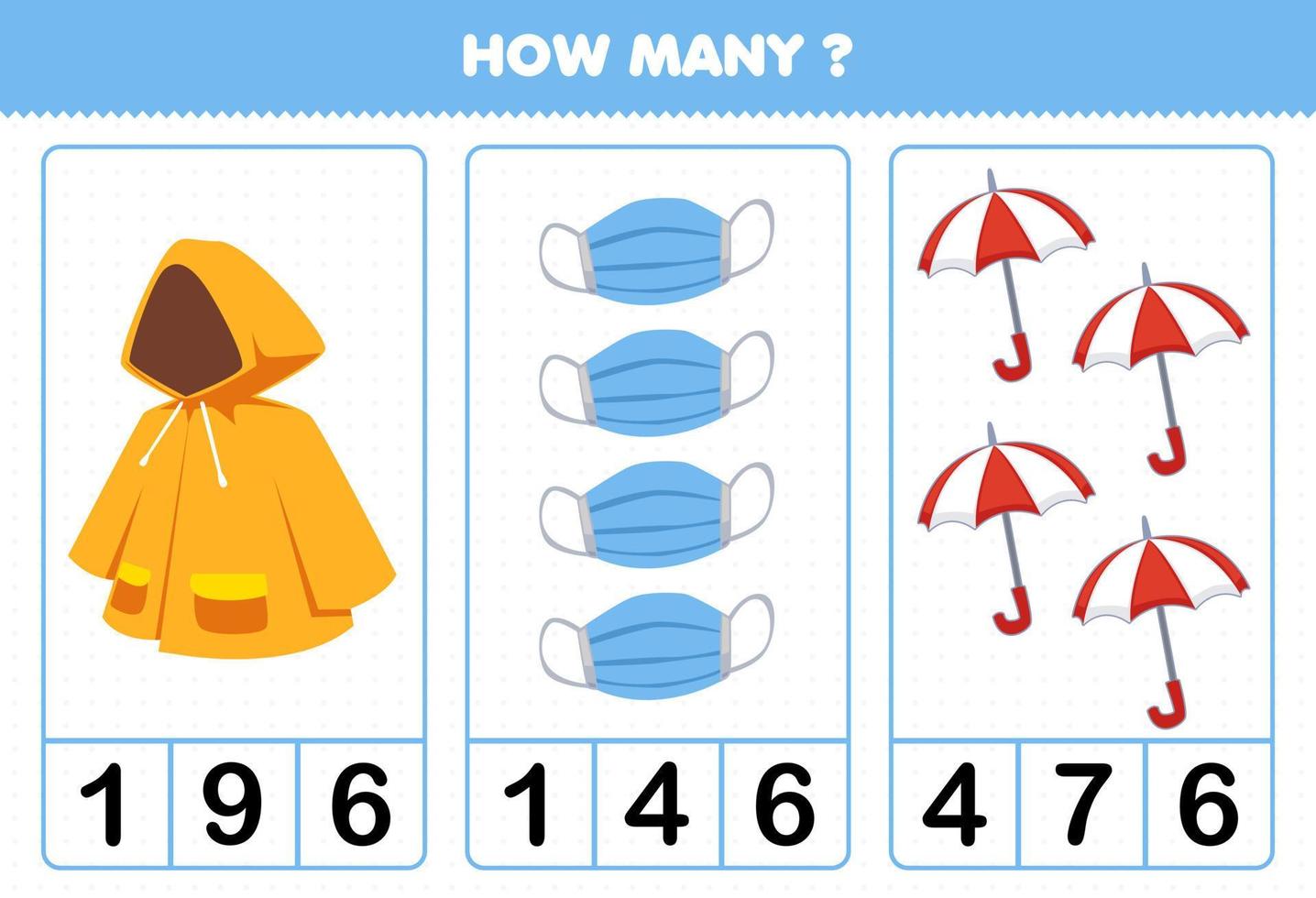 juego educativo para niños contando cuántas caricaturas ropa ponible impermeable enmascarador paraguas vector