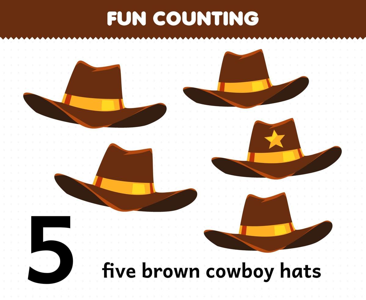 Education game for children fun counting wearable clothes five brown cowboy hats vector