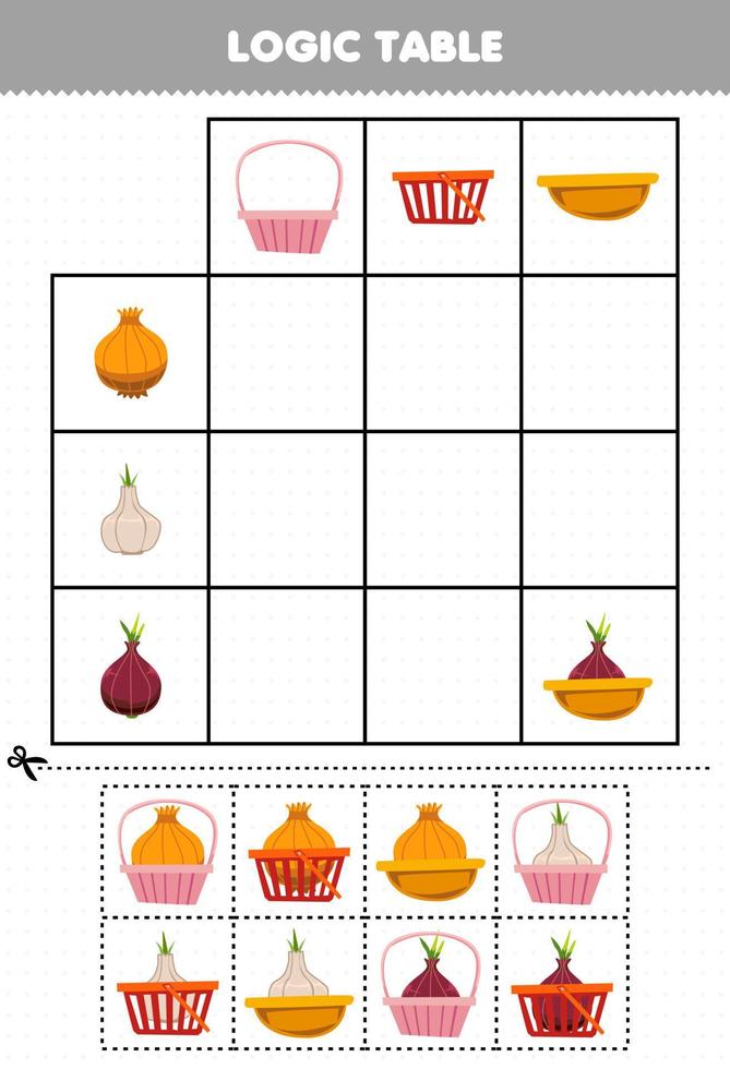 Education game for children logic table cartoon vegetable onion garlic shallot match with correct basket printable worksheet vector