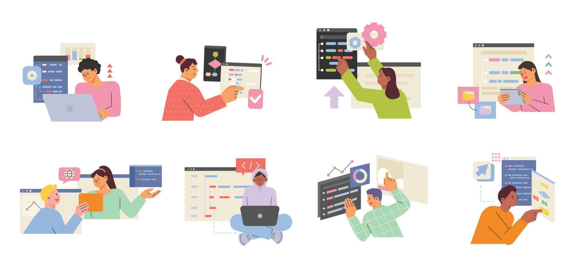 Developers are coding programs on computers. A computer pop-up window floats around the programmer. vector