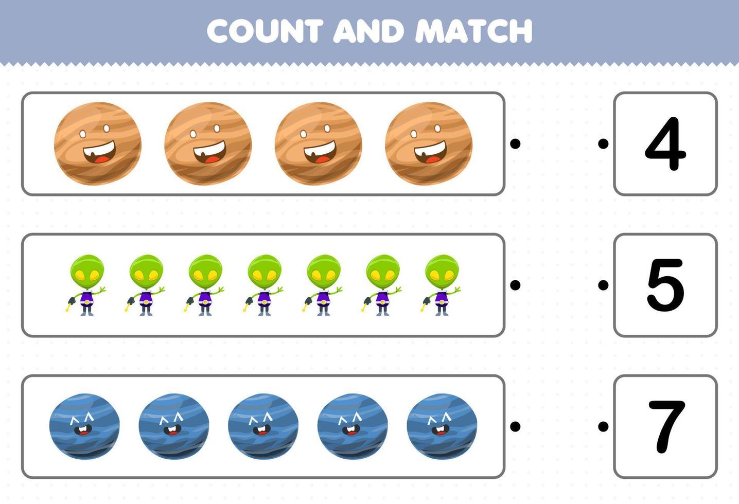 juego educativo para niños contar y combinar contar el número de lindos dibujos animados sistema solar planeta alienígena y combinar con los números correctos hoja de trabajo imprimible vector