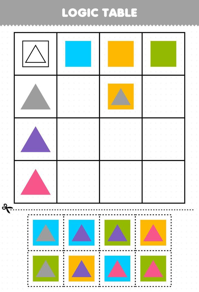 Education game for children logic table geometric shape square and triangle printable worksheet vector
