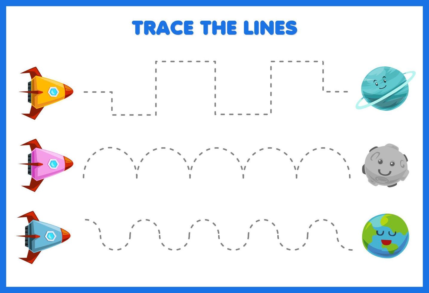 Education game for children handwriting practice trace the lines move cute cartoon solar system rocket planet vector