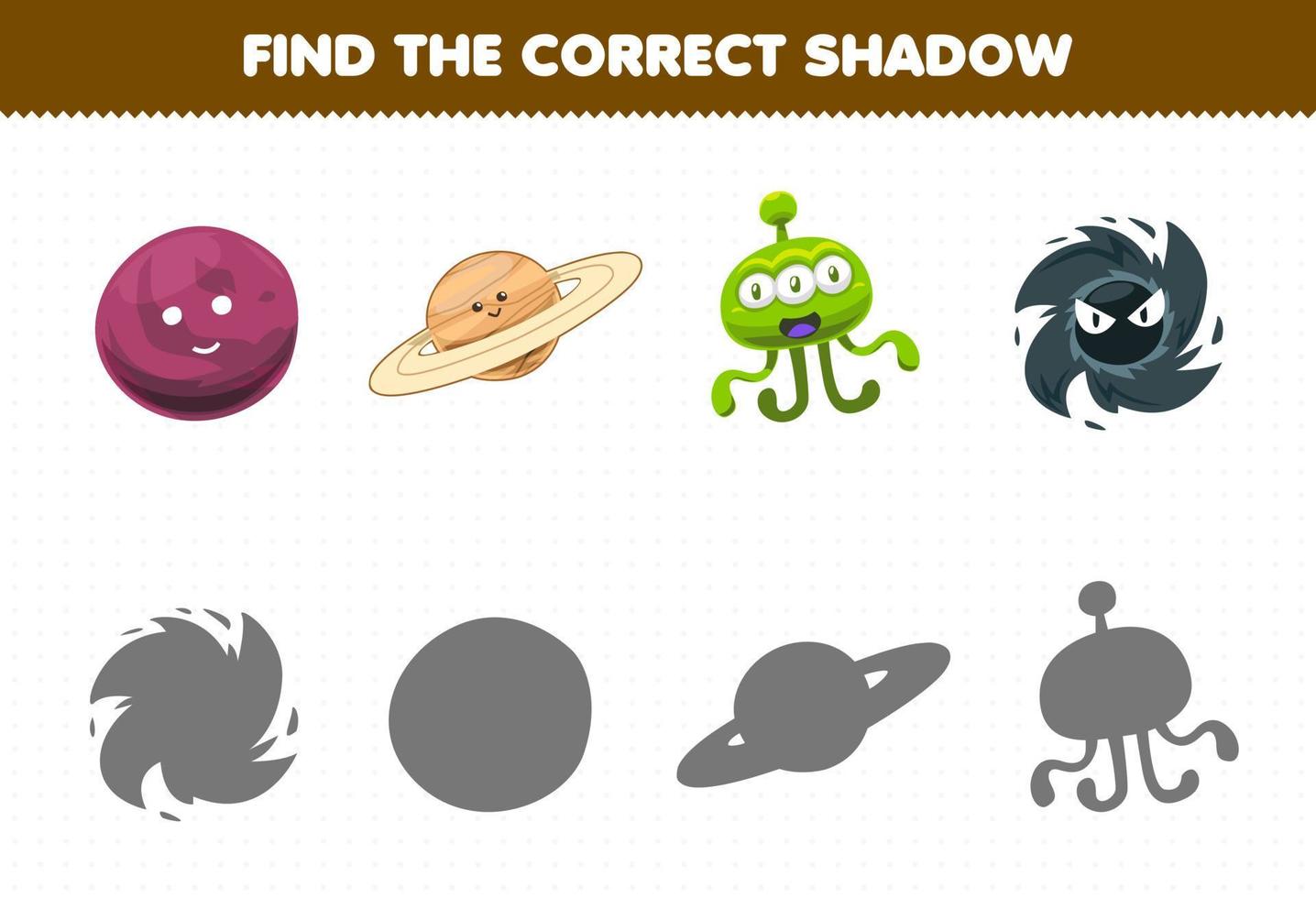 Education game for children find the correct shadow set of cute cartoon solar system planet saturn alien black hole vector
