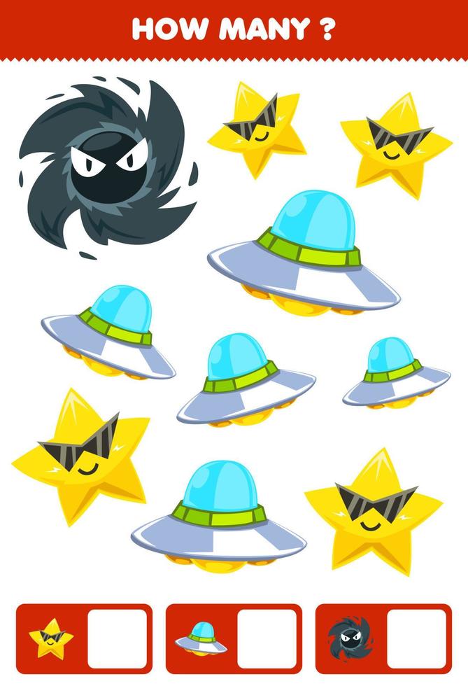 juego educativo para niños buscando y contando cuántos objetos dibujos animados lindo sistema solar ovni estrella agujero negro vector