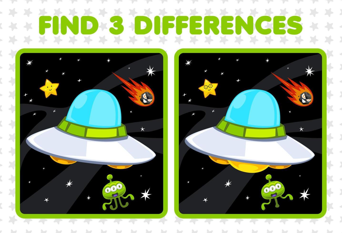 juego educativo para niños encuentra tres diferencias entre dos lindos dibujos animados sistema solar ovni estrella cometa extraterrestre vector