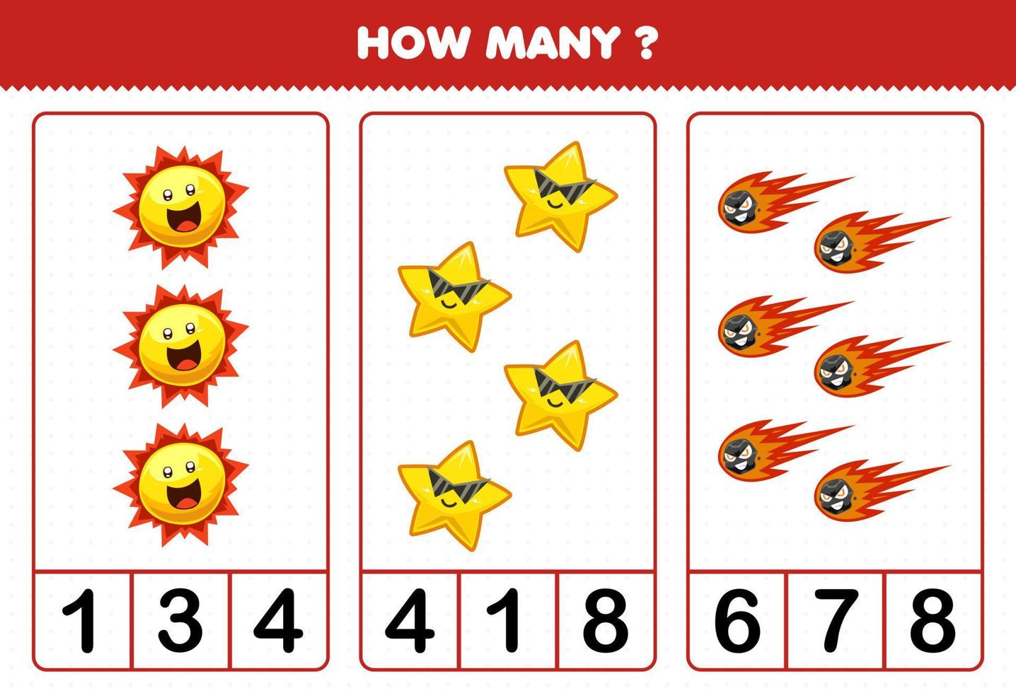 Education game for children counting how many cute cartoon solar system sun star comet vector