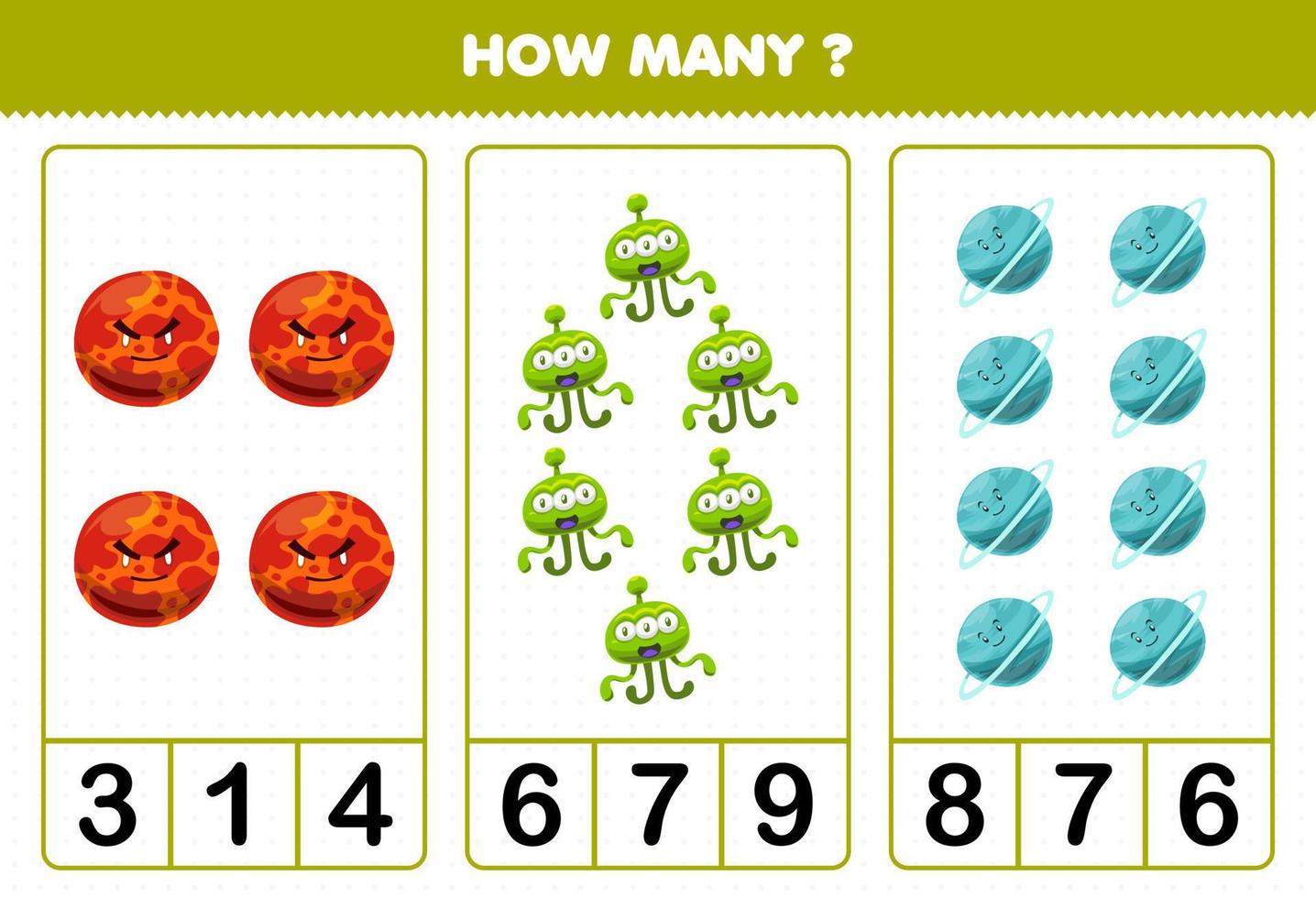 Education game for children counting how many cute cartoon solar system mars alien uranus planet vector