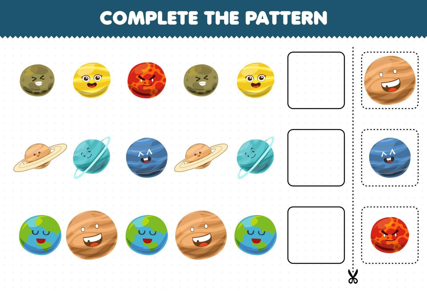 Education game for children complete the pattern logical thinking find the regularity and continue the row task with cute cartoon solar system mars saturn uranus neptune earth planet vector