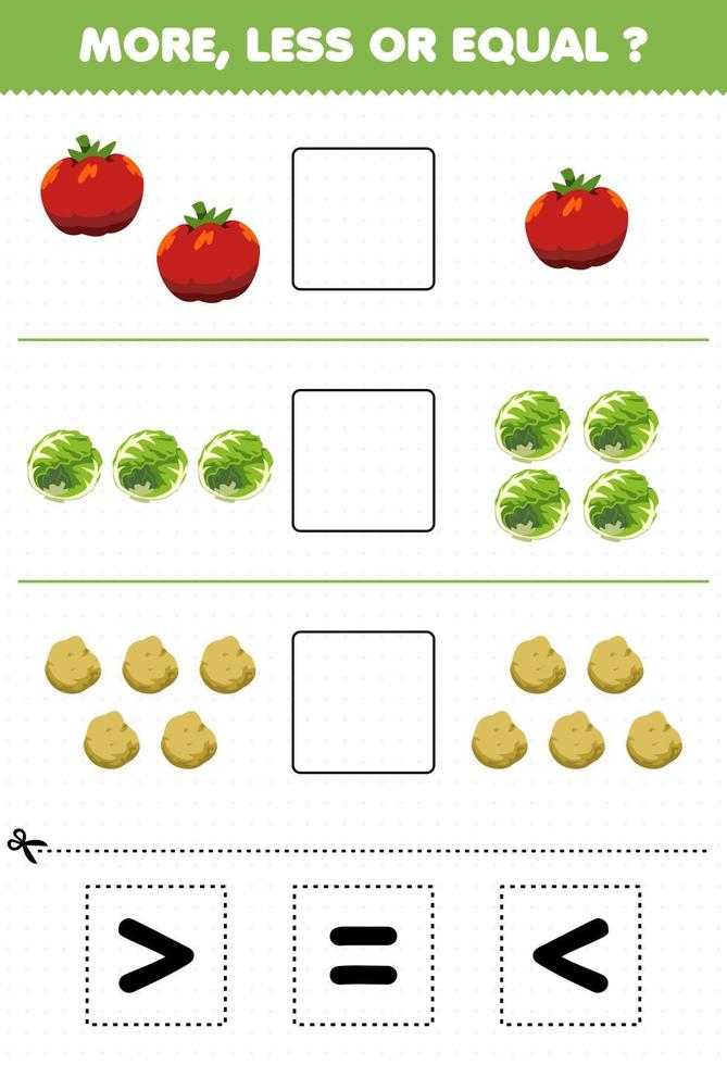 juego educativo para niños más menos o igual contar la cantidad de verduras de dibujos animados tomate repollo patata luego cortar y pegar cortar el signo correcto vector