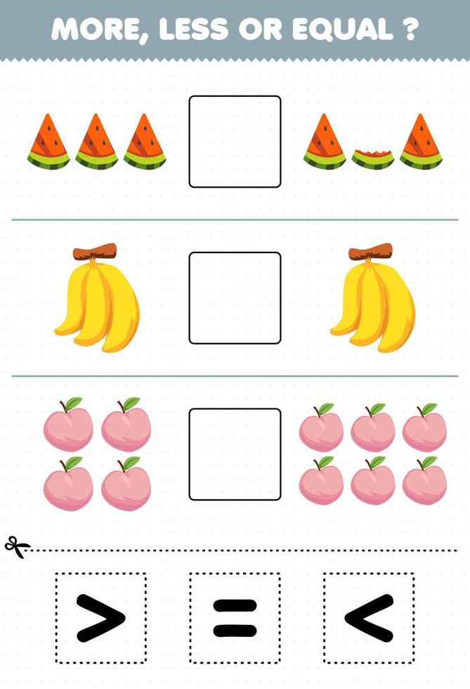 juego educativo para niños más menos o igual contar la cantidad de dibujos animados frutas sandía rebanada plátano melocotón luego cortar y pegar cortar el signo correcto vector