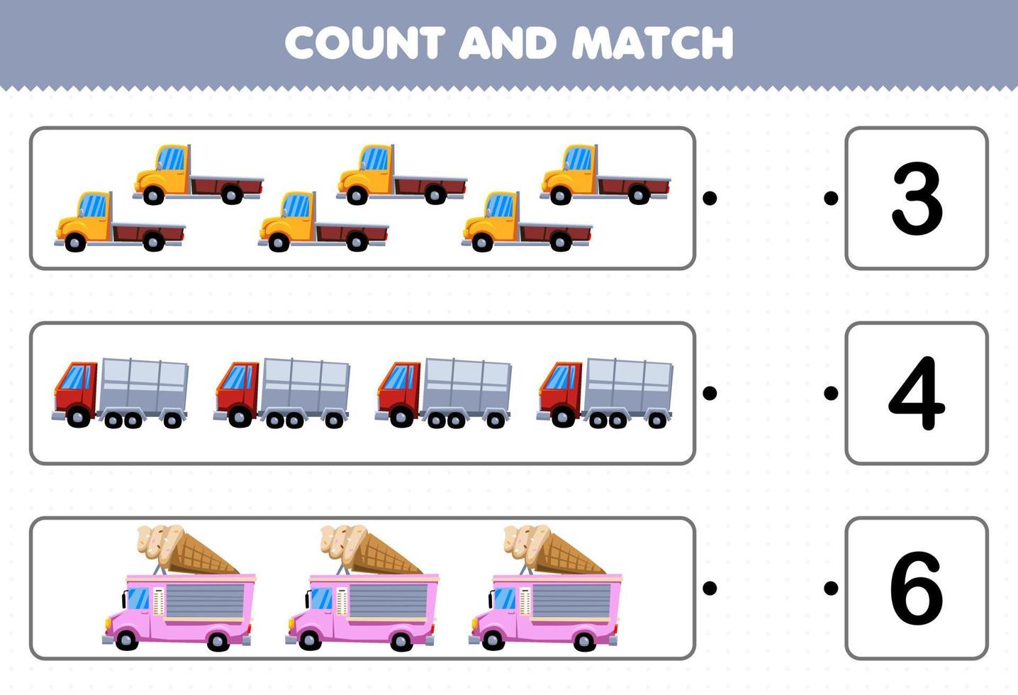 Education game for children count and match count the number of cartoon transportation truck and match with the right numbers printable worksheet vector