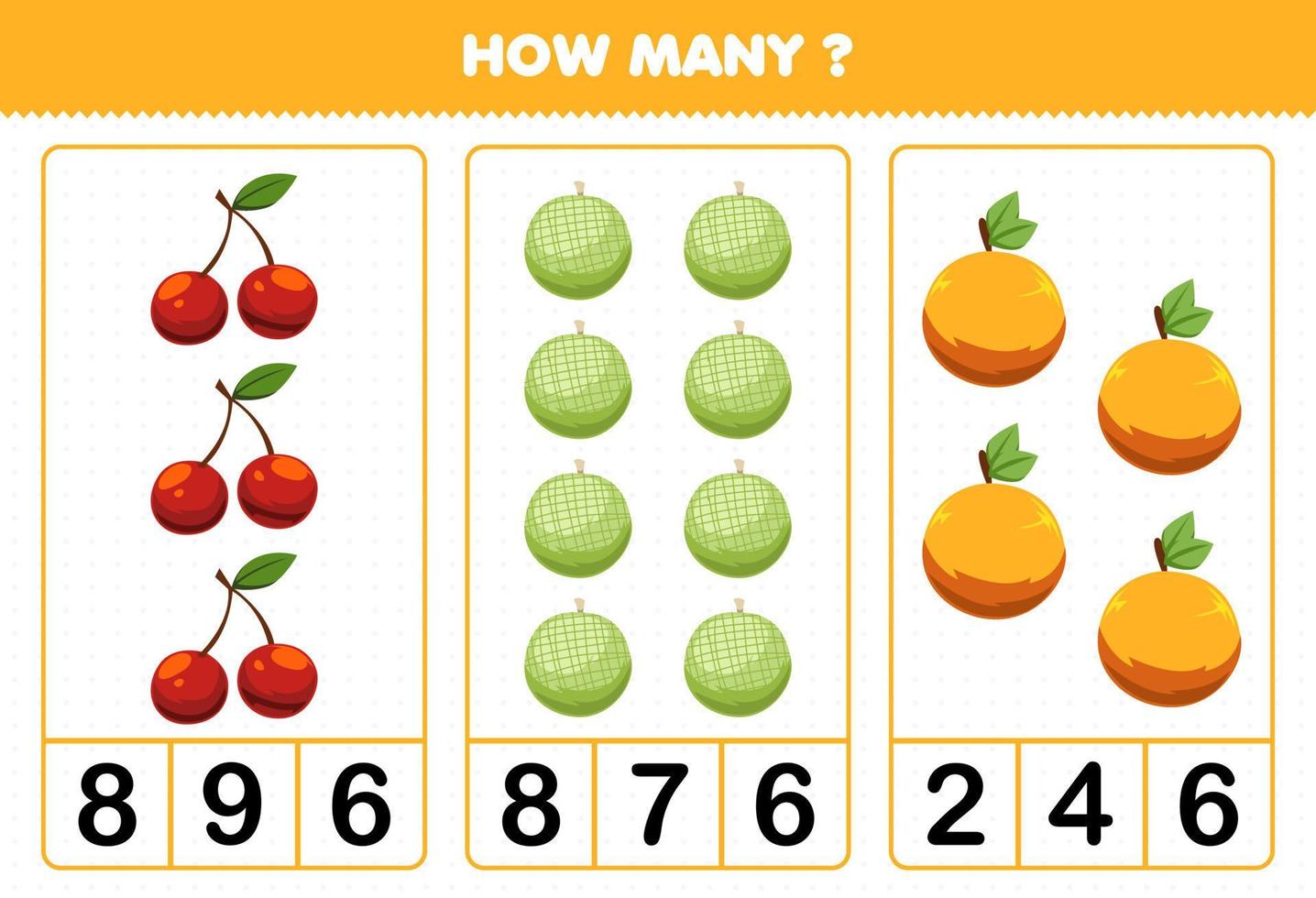 Education game for children counting how many cartoon fruits cherry melon orange vector