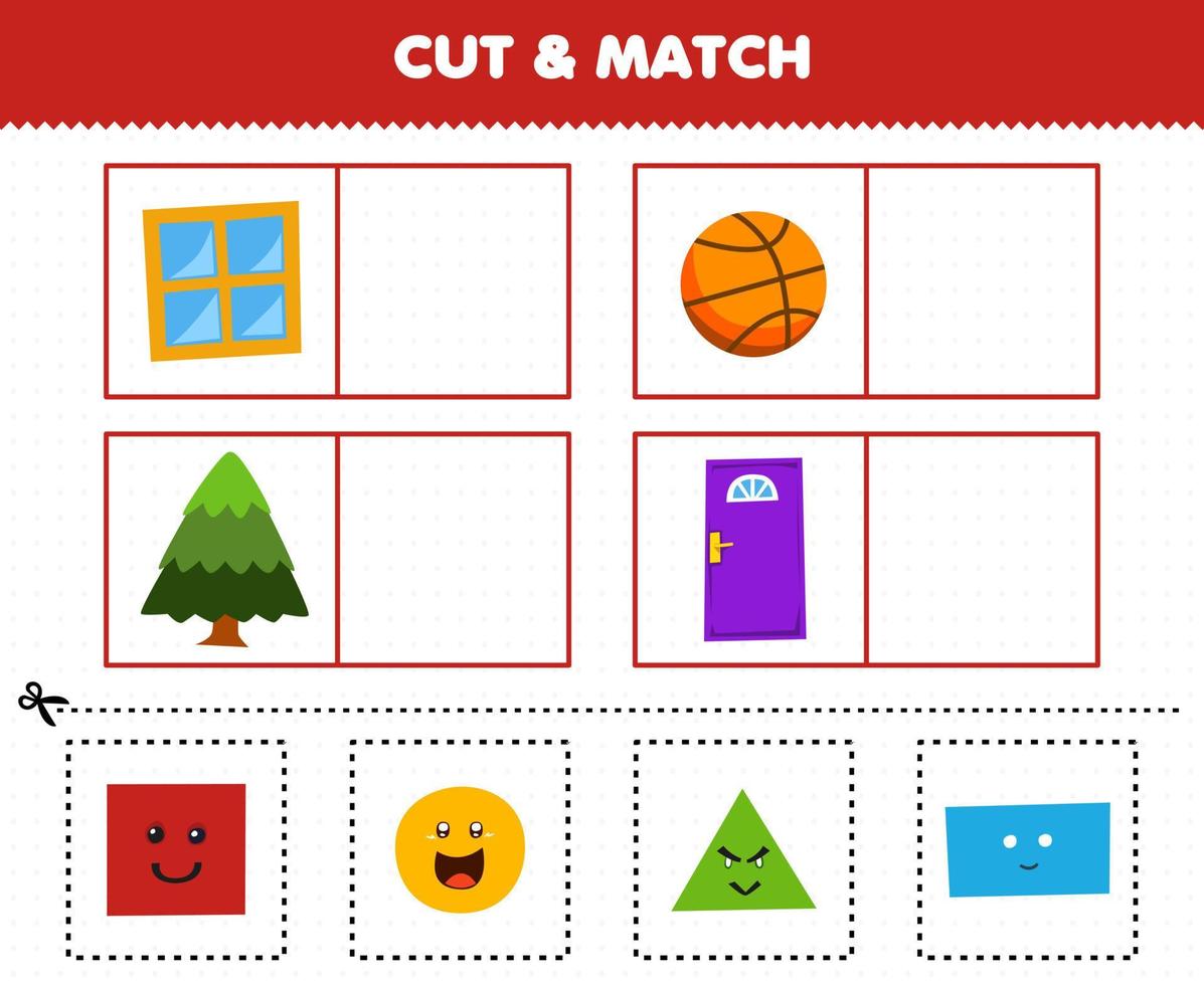 Education game for children cut and match the same picture of cute cartoon shape square window circle basket ball triangle tree rectangle door vector