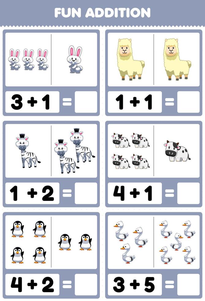Education game for children fun addition by counting and sum cute cartoon white animal rabbit llama zebra cow penguin swan pictures worksheet vector