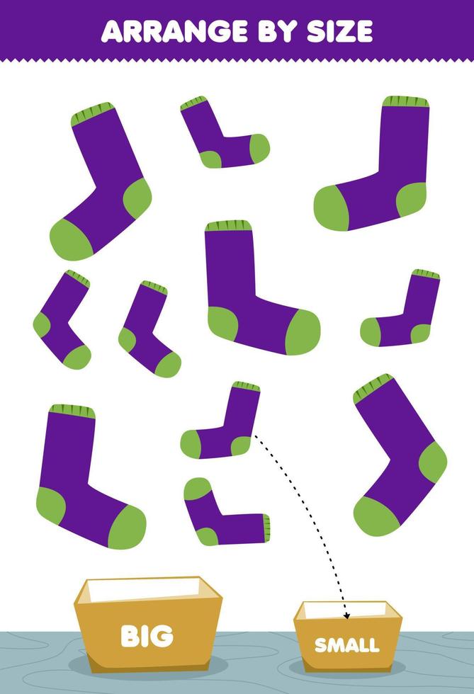 juego educativo para niños organizar por tamaño grande o pequeño ponerlo en la caja dibujos animados ropa ponible calcetines morados imágenes vector