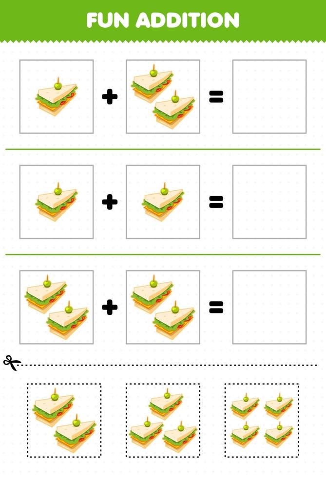 Education game for children fun addition by cut and match cartoon food sandwich pictures worksheet vector