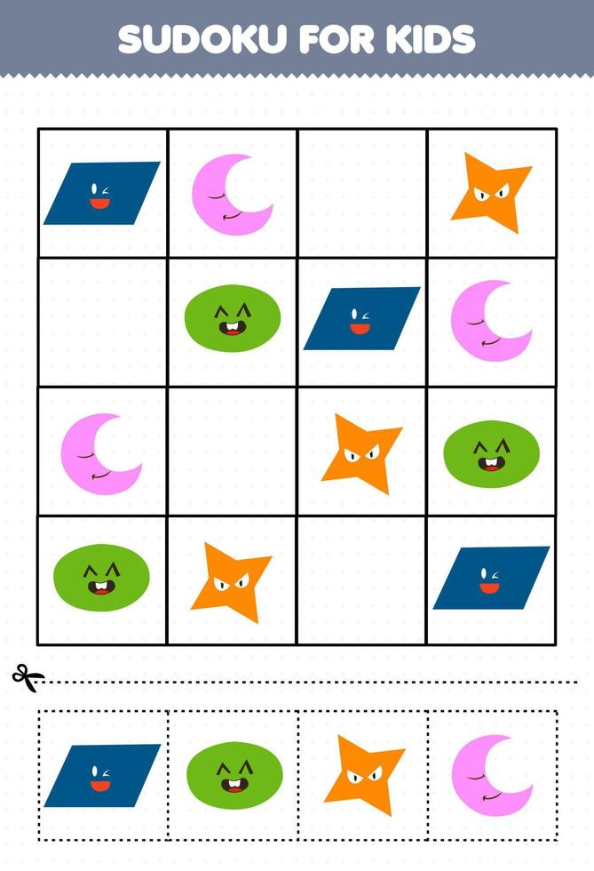 juego educativo para niños sudoku para niños con dibujos animados lindo forma geométrica paralelogramo estrella ovalada imagen creciente vector