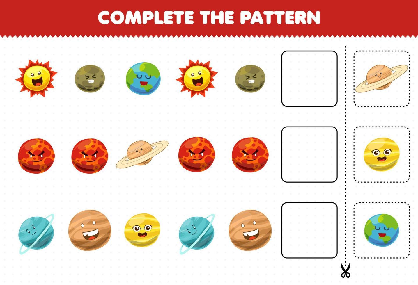Education game for children complete the pattern logical thinking find the regularity and continue the row task with cute cartoon solar system sun earth mars saturn uranus planet vector