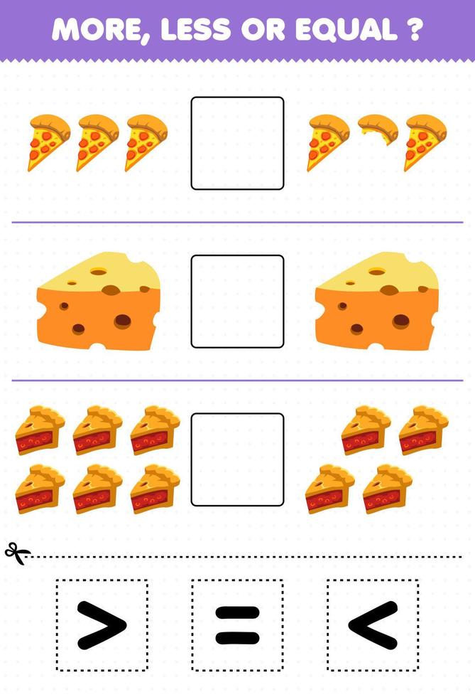 juego educativo para niños más menos o igual contar la cantidad de comida de dibujos animados pizza pastel de queso luego cortar y pegar cortar el signo correcto vector