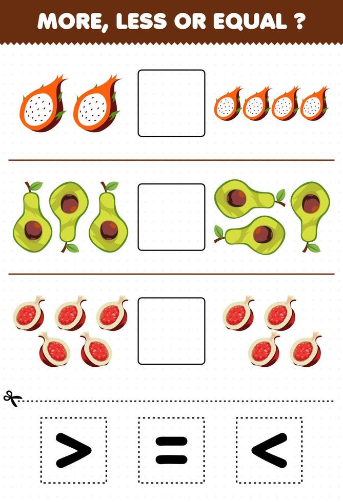 Education game for children more less or equal count the amount of cartoon slice of dragon fruit avocado pomegranate then cut and glue cut the correct sign vector