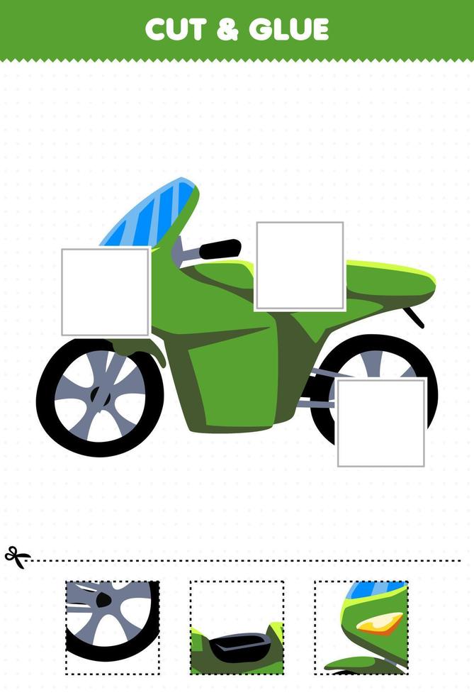 juego educativo para niños corte y pegue partes cortadas de una linda motocicleta de transporte de dibujos animados y péguelas hoja de trabajo imprimible vector