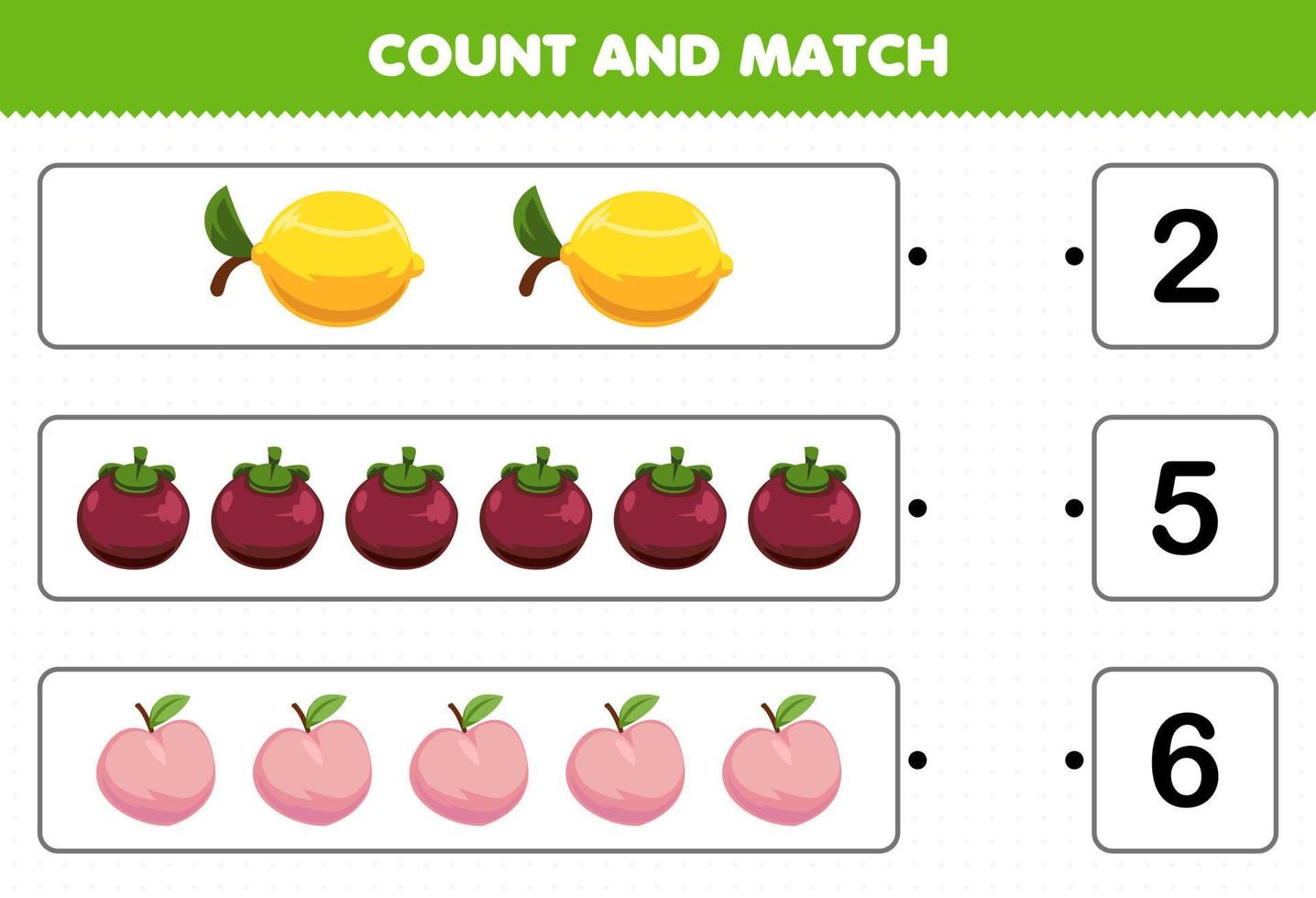 Education game for children count and match count the number of cartoon fruits lemon mangosteen peach and match with the right numbers printable worksheet vector