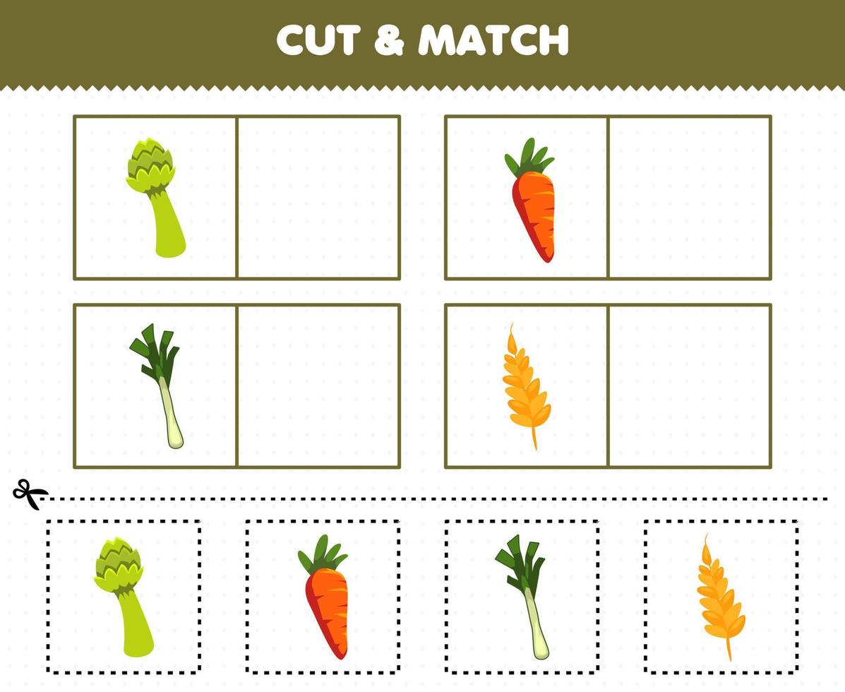 Education game for children cut and match the same picture of cartoon vegetables asparagus carrot leek wheat printable worksheet vector