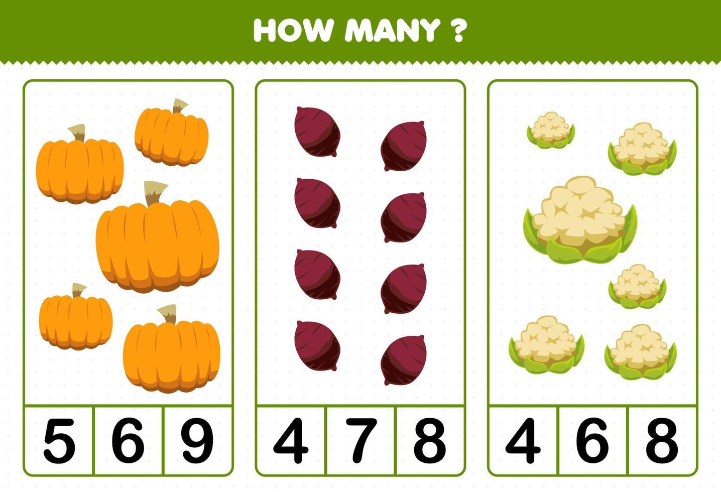 Education game for children counting how many cartoon vegetables pumpkin yam cauliflower vector