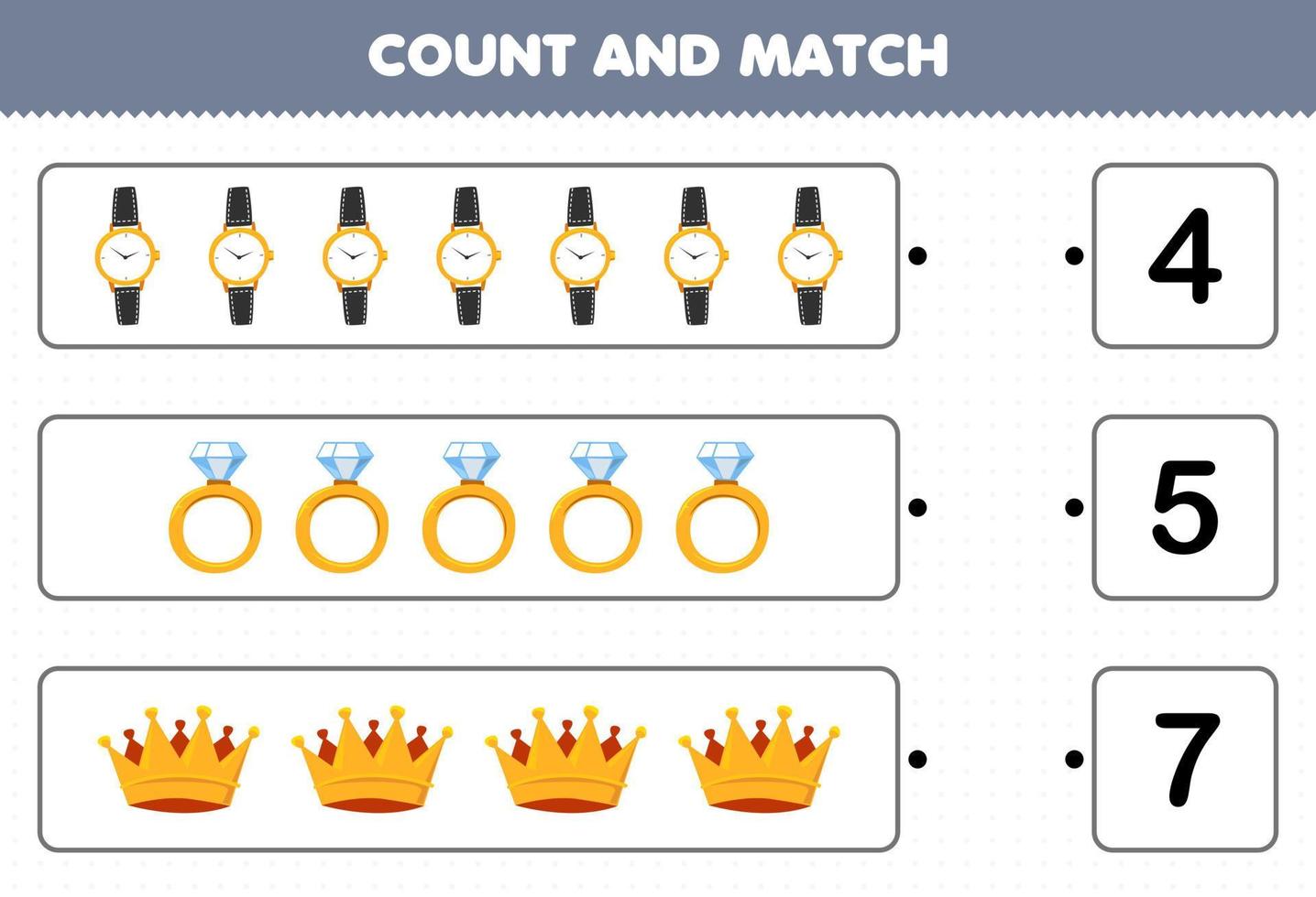 Education game for children count and match count the number of cartoon wearable jewelry watch ring crown and match with the right numbers printable worksheet vector