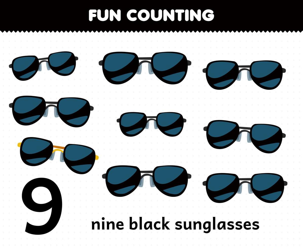 Education game for children fun counting wearable accessories nine black sunglasses vector