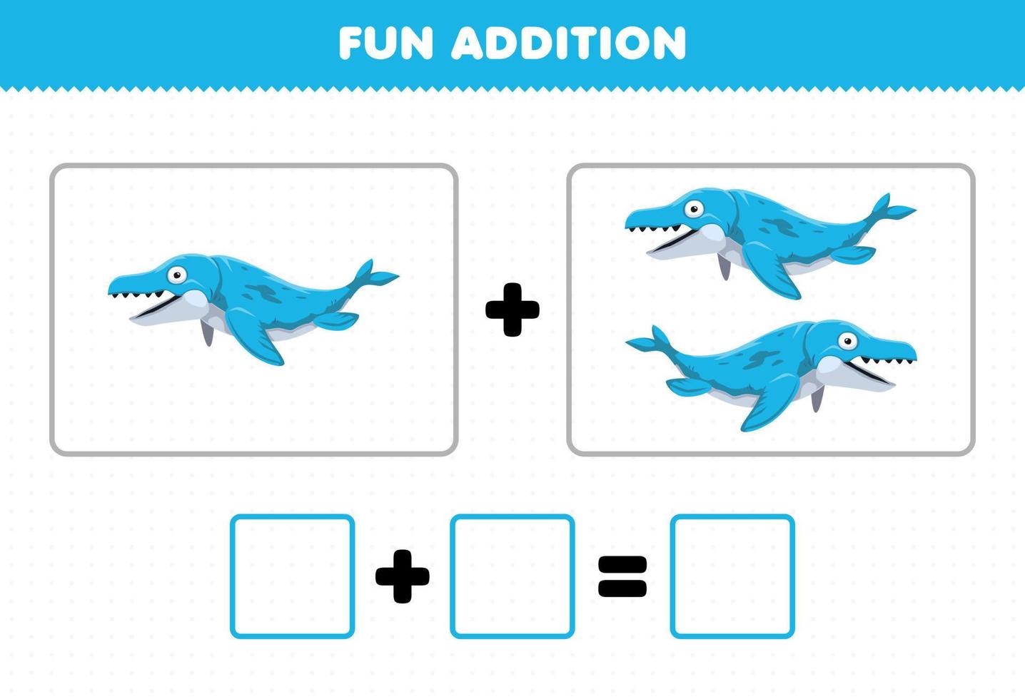 Education game for children fun addition by counting cute cartoon prehistoric dinosaur mosasaurus pictures worksheet vector