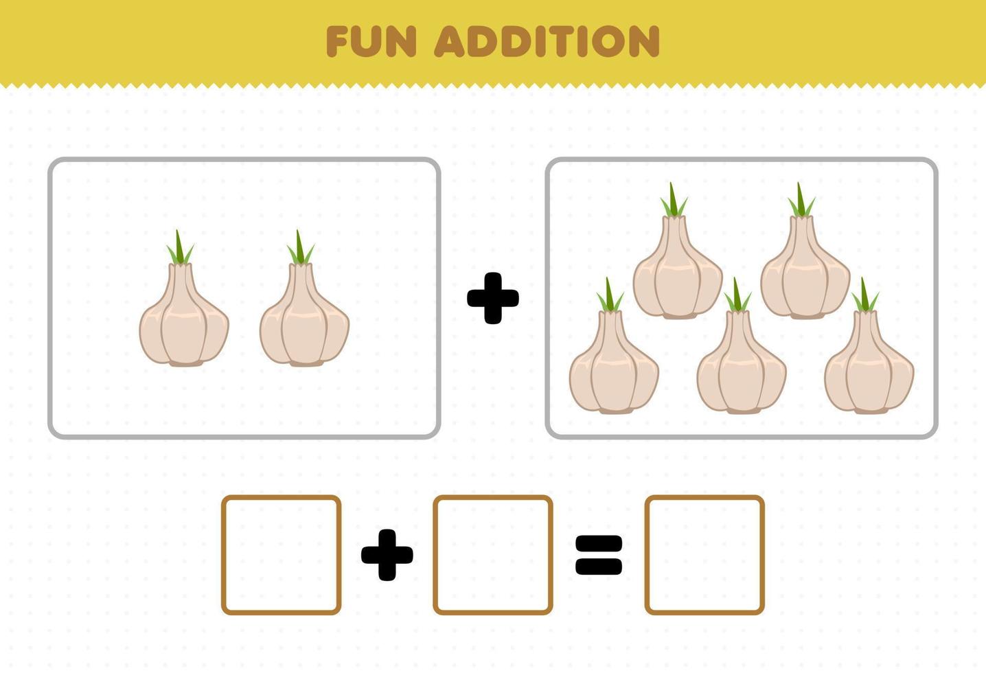 Education game for children fun addition by counting cartoon vegetable garlic pictures worksheet vector